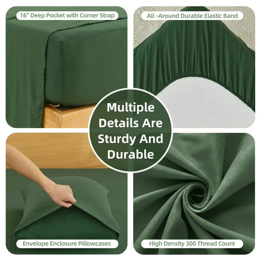4-Piece Twin/Full/Queen/King Size Bamboo Viscose Cooling Sheet Set, Luxury Hotel Quality Super Soft Breathable Bed Sheets,16" Deep Pocket Elastic Fitted Sheet with Pillowcases, Ultra Cooling for Hot Sleepers, All Season Home