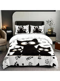 3pc Black Cat Printed Bedding Set with Coreless, Soft and Comfortable Multi Size Machine Washable 1 Duvet Cover+2 Pillowcases
