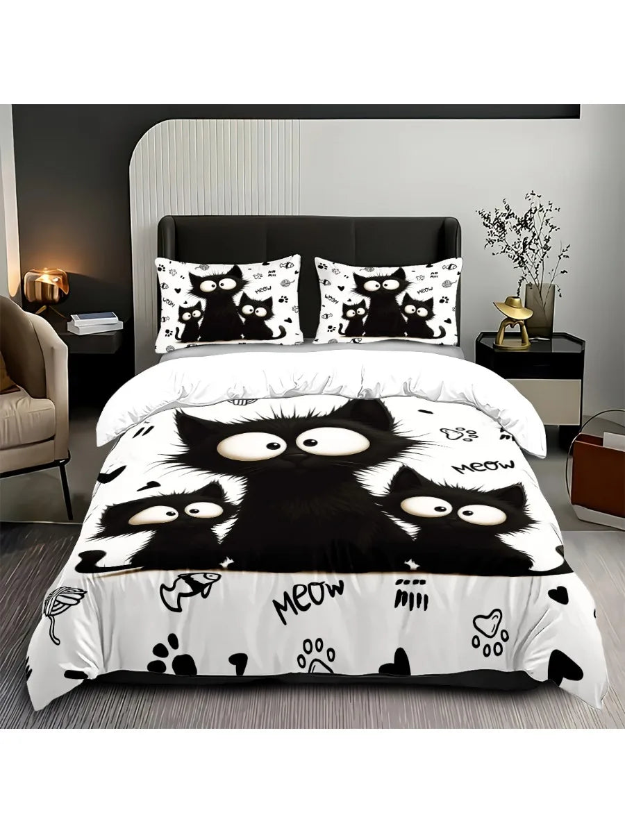 3pc Black Cat Printed Bedding Set with Coreless, Soft and Comfortable Multi Size Machine Washable 1 Duvet Cover+2 Pillowcases