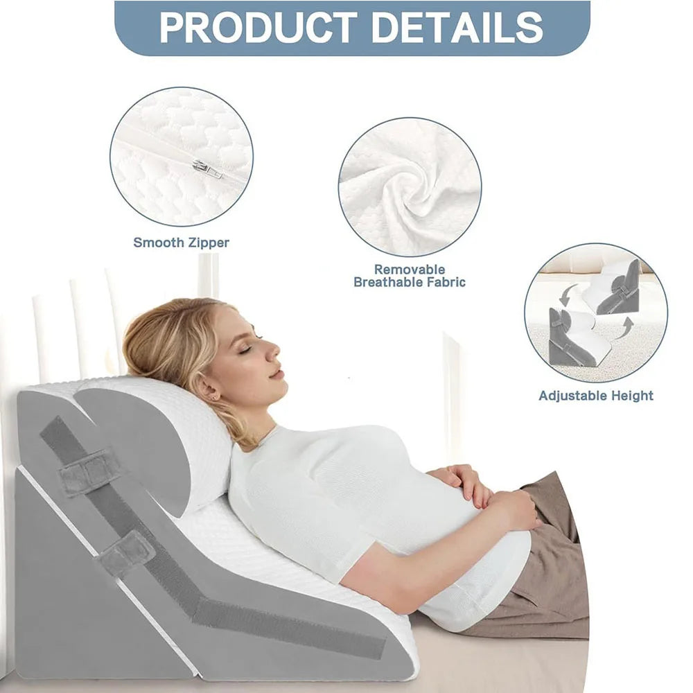 Memory Foam Wedge Pillow Adjustable Incline Support Pillow with Detachable Neck Bolster for Acid Reflux Snoring Back Pain Postoperative Sleep