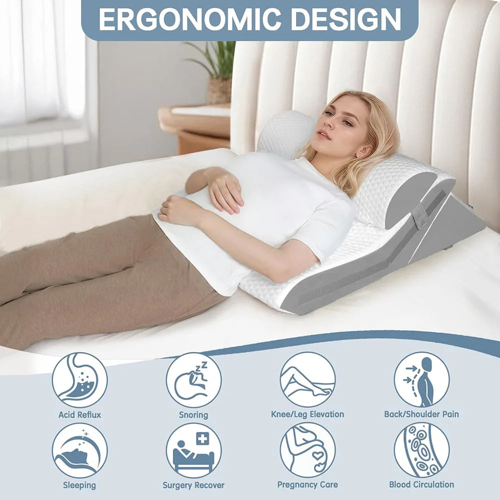 Memory Foam Wedge Pillow Adjustable Incline Support Pillow with Detachable Neck Bolster for Acid Reflux Snoring Back Pain Postoperative Sleep
