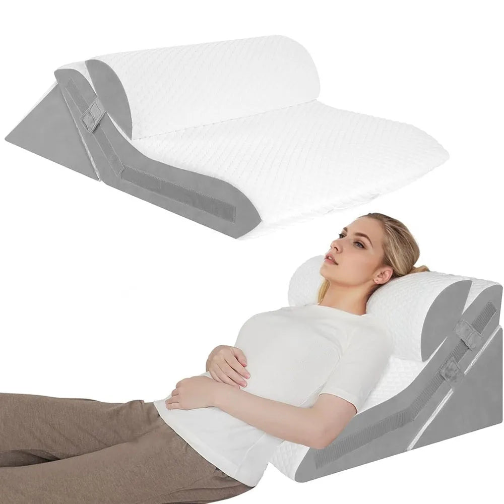 Memory Foam Wedge Pillow Adjustable Incline Support Pillow with Detachable Neck Bolster for Acid Reflux Snoring Back Pain Postoperative Sleep