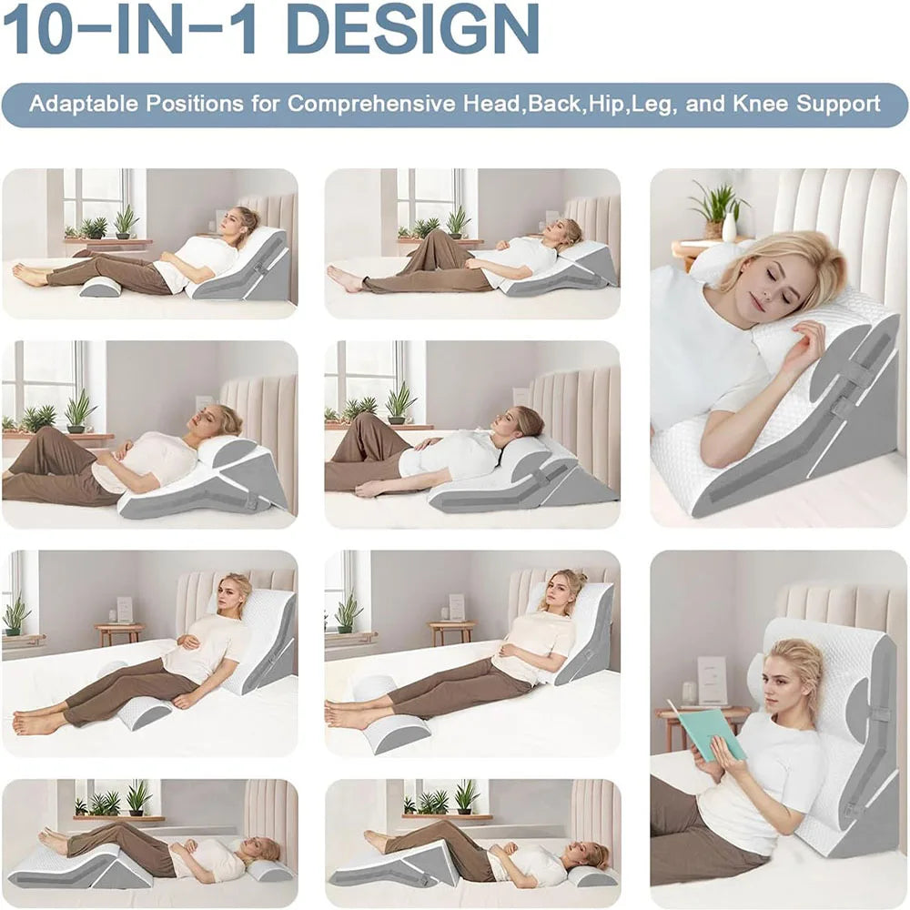 Memory Foam Wedge Pillow Adjustable Incline Support Pillow with Detachable Neck Bolster for Acid Reflux Snoring Back Pain Postoperative Sleep