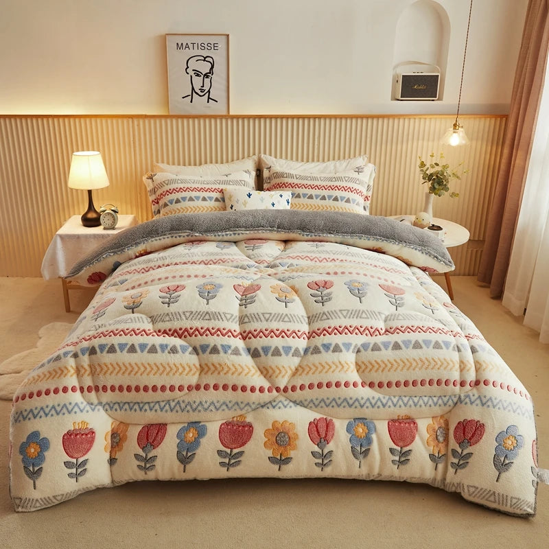 1PC Double Sided Boho Snowflake Textured Puffy Comforter, Skin Friendly Floral Printed Plush Quilt, Durable Washable Bed Cover, Perfect Housewarming Gift for Family Friends