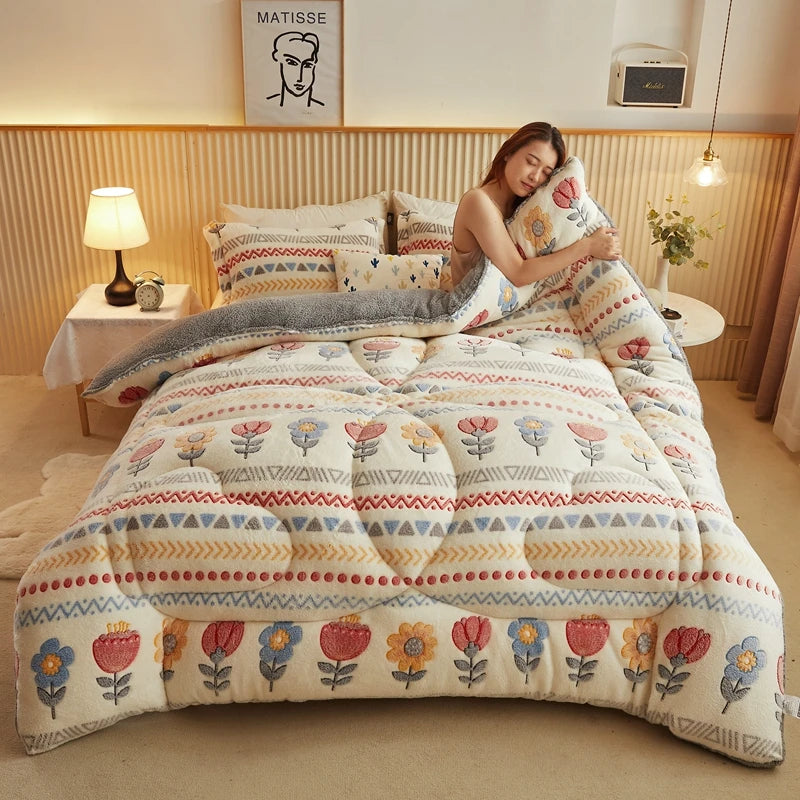 1PC Double Sided Boho Snowflake Textured Puffy Comforter, Skin Friendly Floral Printed Plush Quilt, Durable Washable Bed Cover, Perfect Housewarming Gift for Family Friends