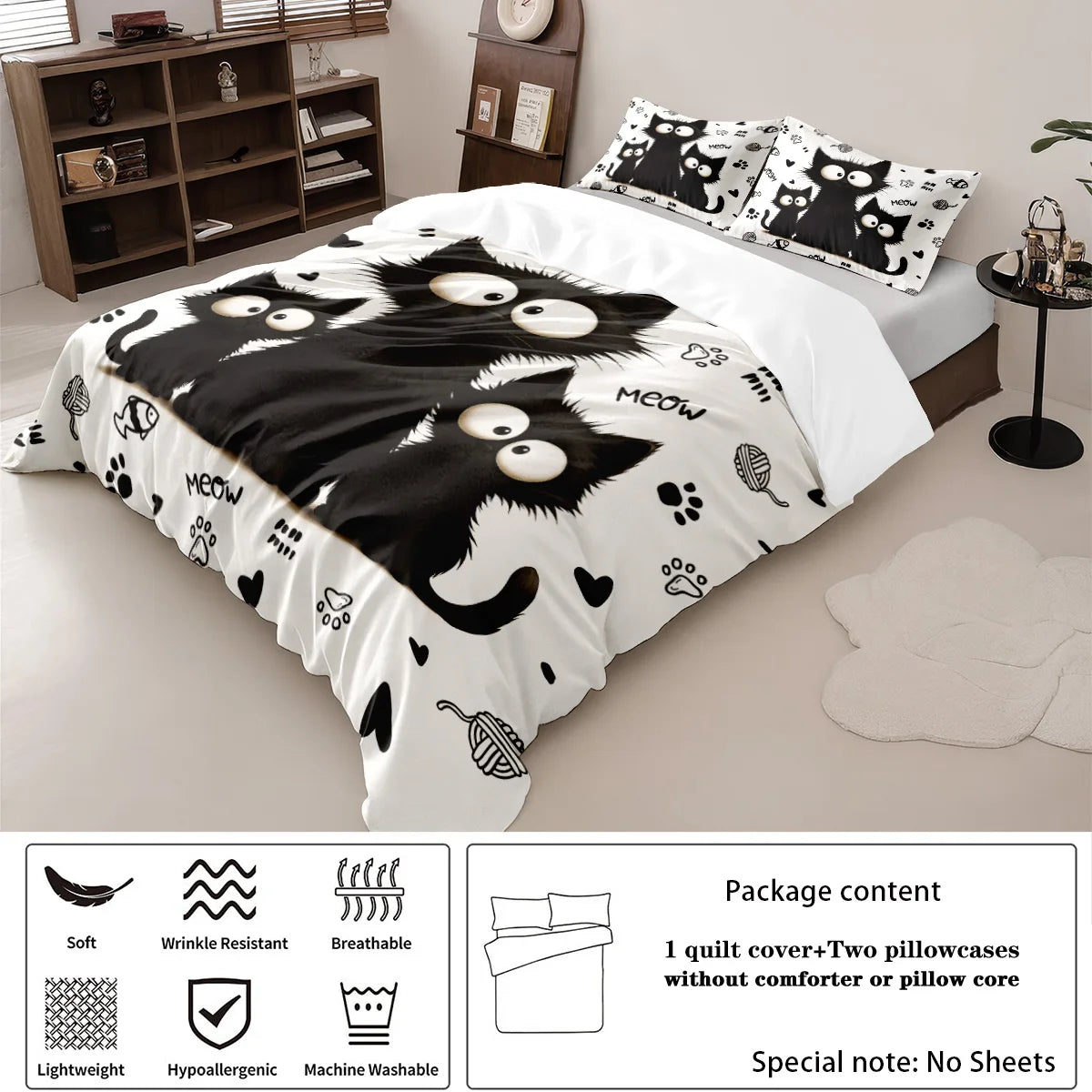 3pc Black Cat Printed Bedding Set with Coreless, Soft and Comfortable Multi Size Machine Washable 1 Duvet Cover+2 Pillowcases