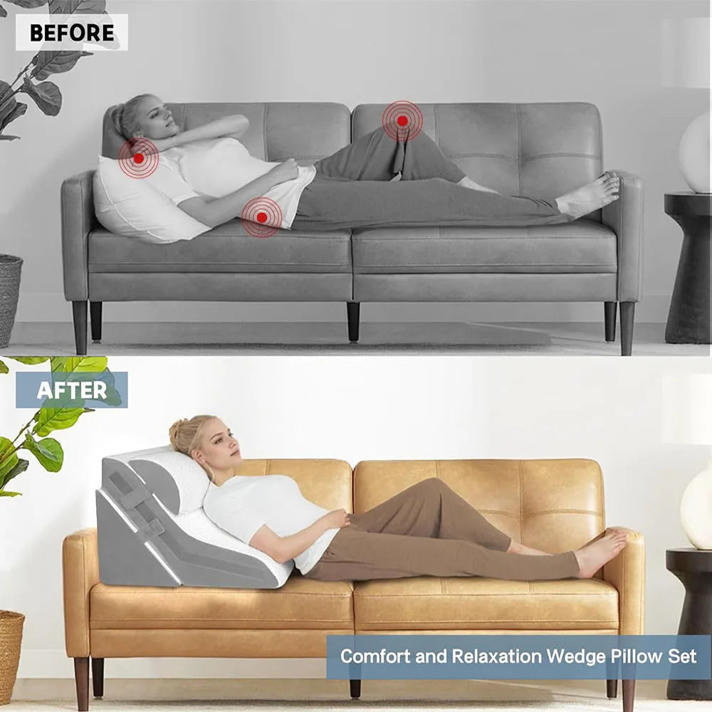 Memory Foam Wedge Pillow Adjustable Incline Support Pillow with Detachable Neck Bolster for Acid Reflux Snoring Back Pain Postoperative Sleep